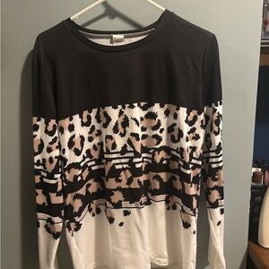 Chic Leopard Print Long Sleeve Top - Black, White, and Brown